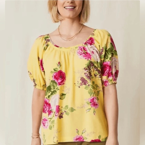 Matilda Jane Tops - Matilda Jane In Town Peasant Puff Sleeve Blouse - Yellow Floral - Size L - NWT